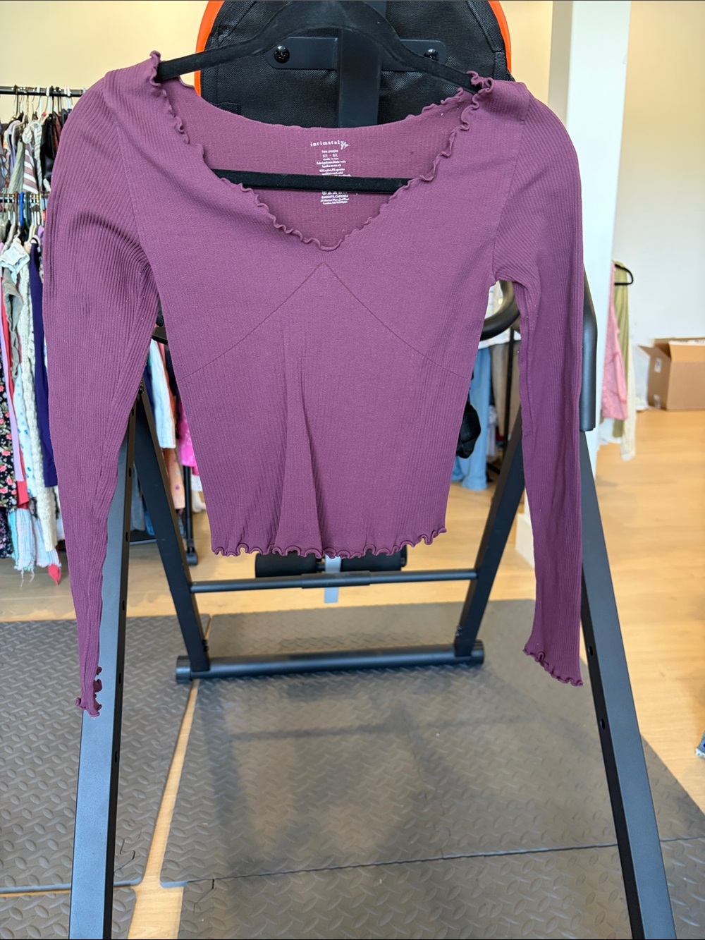 Free People Plum Ribbed Lettuce-Edge Long Sleeve Tee